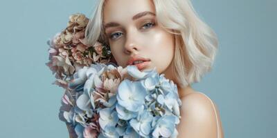 femelle modèle posant avec bleu hortensia fleurs mode portrait, ai photo
