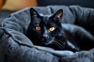 une noir chat avec Orange yeux sur une noir lit dans une confortable pièce regards à le caméra. photo