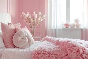 une Jeune les filles chambre avec une doux rose fourrure couverture sur une blanc lit cadre, décoratif oreillers et une ensoleillé ambiance. photo