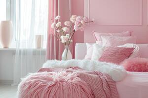 une Jeune les filles chambre avec une doux rose fourrure couverture sur une blanc lit cadre, décoratif oreillers et une ensoleillé ambiance. photo