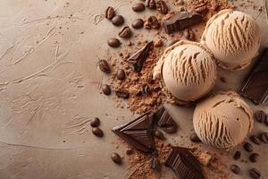 vanille la glace crème des balles avec café des haricots et Chocolat pièces. copie espace photo