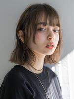 Japonais mode modèle fille avec marron cheveux frange, ai photo