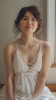 Japonais femme dans blanc robe dans confortable appartement, ai photo