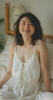 Japonais femme dans blanc robe dans confortable appartement, ai photo