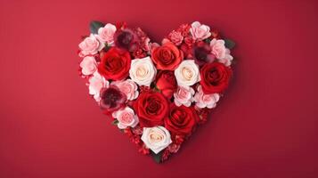 cœur forme Rose renoncule renoncule Cadre rouge arrière-plan, ai photo