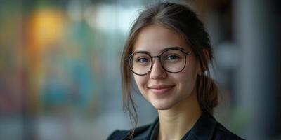 Jeune sur de soi caucasien blanc affaires femme souriant dans entreprise Contexte avec copie espace. succès, carrière, direction, professionnel, fille patron dans une lieu de travail concept photo