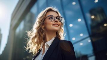 Jeune sur de soi caucasien blanc affaires femme souriant dans entreprise Contexte avec copie espace. succès, carrière, direction, professionnel, fille patron dans une lieu de travail concept photo