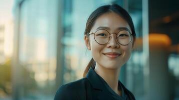 Jeune sur de soi asiatique affaires femme avec des lunettes souriant dans entreprise Contexte avec copie espace. succès, carrière, direction, professionnel, la diversité dans une lieu de travail concept photo