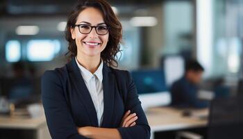 Jeune sur de soi caucasien blanc affaires femme souriant dans entreprise Contexte avec copie espace. succès, carrière, direction, professionnel, fille patron dans une lieu de travail concept photo