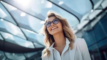 Jeune sur de soi caucasien blanc affaires femme souriant dans entreprise Contexte avec copie espace. succès, carrière, direction, professionnel, fille patron dans une lieu de travail concept photo