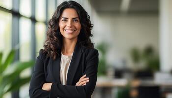 Jeune sur de soi hispanique latino affaires femme souriant dans entreprise Contexte avec copie espace. succès, carrière, direction, professionnel, la diversité dans une lieu de travail concept photo