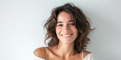 Jeune hispanique latino femme avec foncé brunette frisé cheveux souriant avec copie espace. bonheur, blanc dents, lisse peau Ton, Naturel beauté, joyeux positif concept photo