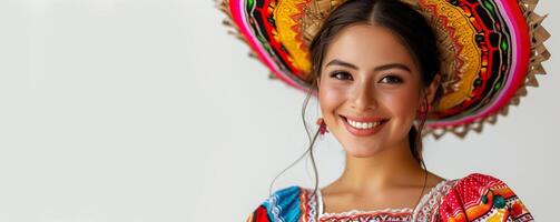 Jeune sur de soi mexicain femme avec une sombrero souriant avec copie espace. ethnique traditionnel tenue, Mexique culture, Naturel beauté, joyeux positif concept photo