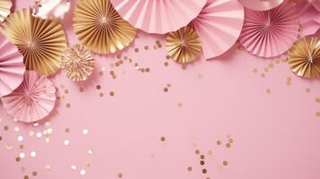 rose et or confettis papier ventilateur décoration copie espace, ai photo