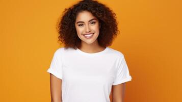 joyeux Jeune hispanique plus Taille corps positif femelle femme fille 30s dans blanc Vide conception décontractée T-shirt posant Couleur Contexte studio portrait, ai photo