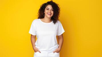 joyeux Jeune hispanique plus Taille corps positif femelle femme fille 30s dans blanc Vide conception décontractée T-shirt posant Couleur Contexte studio portrait, ai photo