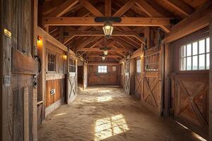 stable intérieur, stalle pour les chevaux dans en bois maison. Grange dans village photo