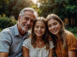 content grand-père avec le sien petites filles est souriant Heureusement contre le Contexte de une magnifique jardin. photo