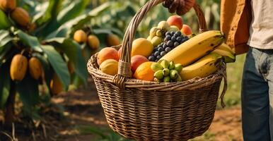 Les agriculteurs mains en portant une panier de tropical des fruits photo