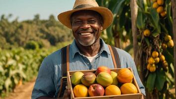 agriculteur en portant tropical des fruits photo