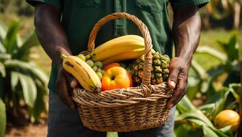 Les agriculteurs mains en portant une panier de tropical des fruits photo