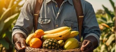 Les agriculteurs mains en portant une panier de tropical des fruits photo