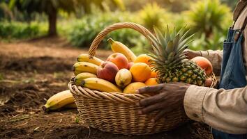 Les agriculteurs mains en portant une panier de tropical des fruits photo
