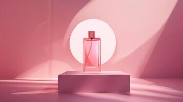 une parfum bouteille et étiquette sur une pastel Contexte. photo