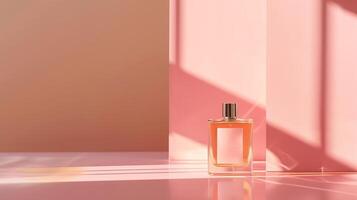 une parfum bouteille et étiquette sur une pastel Contexte. photo