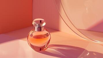 une parfum bouteille et étiquette sur une pastel Contexte. photo