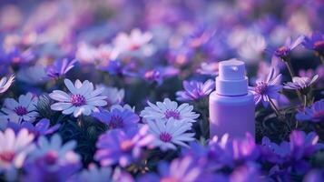 une crème bouteille sur une fleur lit plein de plus sombre et lumière violet fleurs. photo