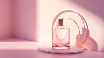 une parfum bouteille et étiquette sur une pastel Contexte. photo