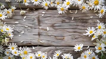 une Contexte de vibrant blanc marguerites épars autour une rustique en bois surface. photo