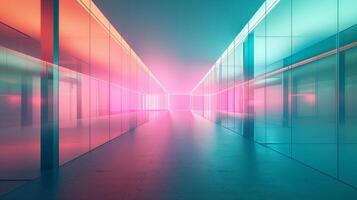 une longue couloir avec verre des murs, bleu et rose néon lumière, futuriste architecture. photo