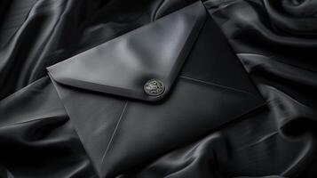 une luxueux noir enveloppe mensonge sur une richement texturé satin tissu Contexte. photo