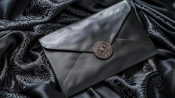 une luxueux noir enveloppe mensonge sur une richement texturé satin tissu Contexte. photo