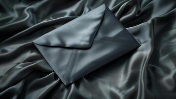 une luxueux noir enveloppe mensonge sur une richement texturé satin tissu Contexte. photo