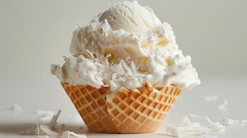 une blanc la glace crème sundae dans une gaufre tasse, surmonté avec noix de coco flocons, sur une plaine blanc Contexte. photo