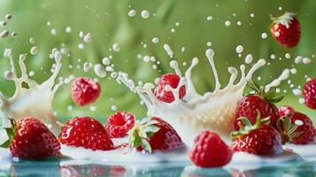 une éclaboussure de Lait avec des fraises et framboises sur le ight vert Contexte. photo