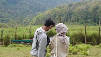 bandung, Ouest Java, Indonésie, mai 7, 2022, touristes prendre plaisir le atmosphère de une thé jardin tour avec nombreuses cerf photo