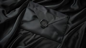 une luxueux noir enveloppe mensonge sur une richement texturé satin tissu Contexte. photo