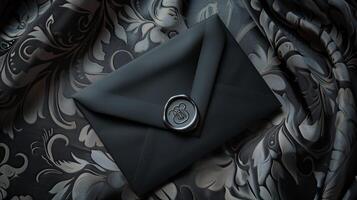 une luxueux noir enveloppe mensonge sur une richement texturé satin tissu Contexte. photo