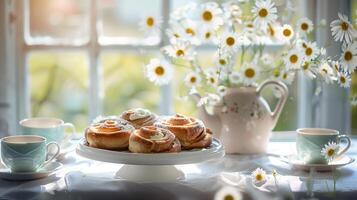 une cannelle Rouleaux et café sur tableau, entouré par marguerites dans céramique vases. photo