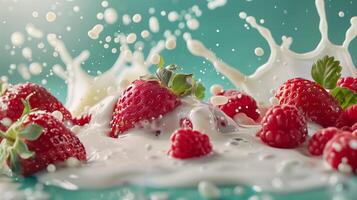 une éclaboussure de Lait avec des fraises et framboises sur le ight vert Contexte. photo