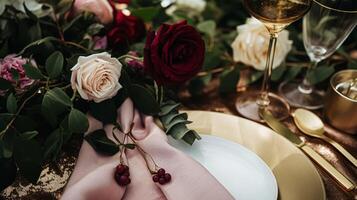 mariage et un événement fête paysage de table avec fleurs, formel dîner table réglage avec des roses et vin, élégant floral table décor pour dîner fête et vacances décoration, Accueil coiffant photo