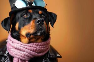 charmant rottweiler chiot habillé dans à la mode tenue sur une brillant après midi photo