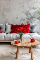 serein style scandinave vivant espace avec audacieux rouge accents et texturale harmonie photo