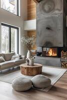 serein scandinave grenier intérieur avec confortable cheminée et moderne conception éléments photo