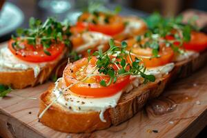 savoureux en bonne santé toasts avec micro-pousses, tomate, beurre sur le tableau. biologique nourriture, végétalien nourriture et suivre un régime concept. sandwich avec des légumes. photo