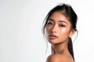 captivant asiatique femme, faire le ménage, radiant peau, foncé cheveux sur blanc arrière-plan, visage se soucier, faciale traitement, cosmétique, cosmétologie, beauté et spa, asiatique femmes portrait. photo